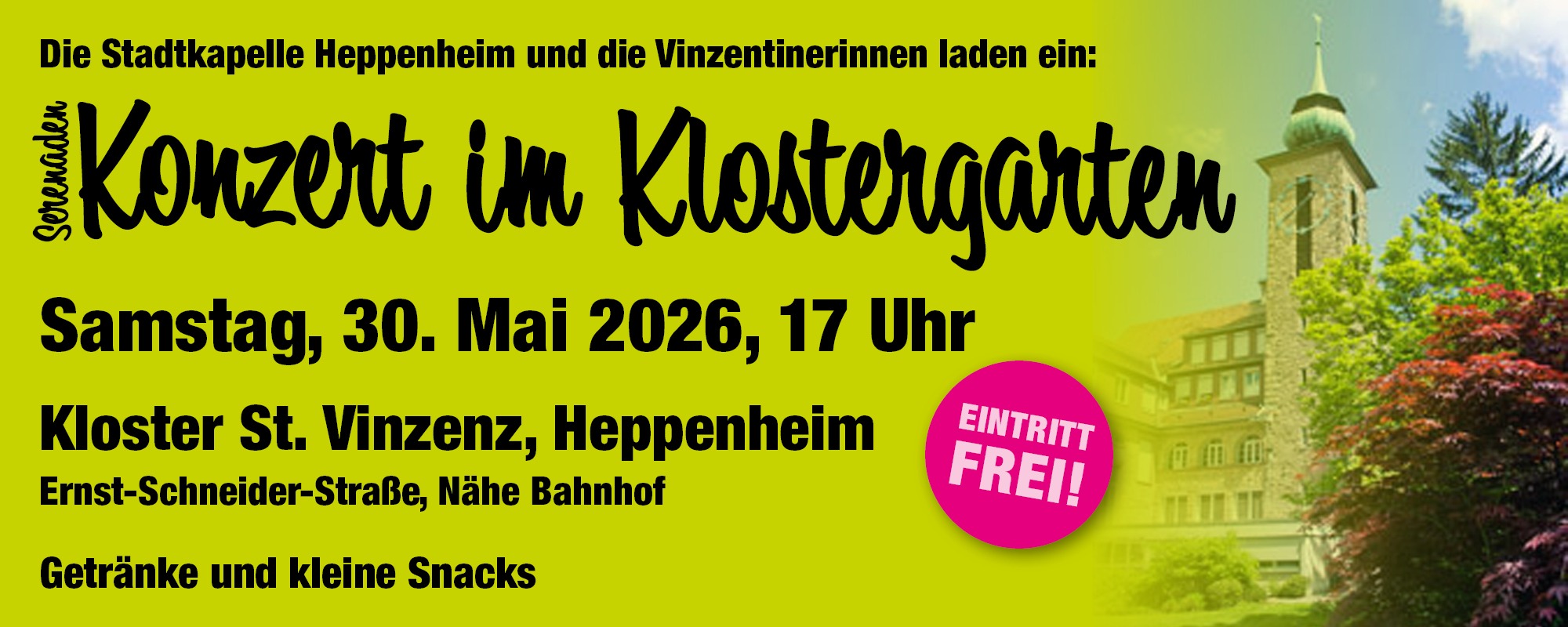 Einladung der Stadtkapelle Heppenheim zum Serenadenkonzert im Klostergarten Sankt Vinzenz, unter der Leitung ihres Dirigenten Wilco Grootenboer.